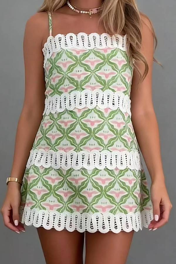 Geometric Print Lace Trim Spaghetti Strap Mini Dress