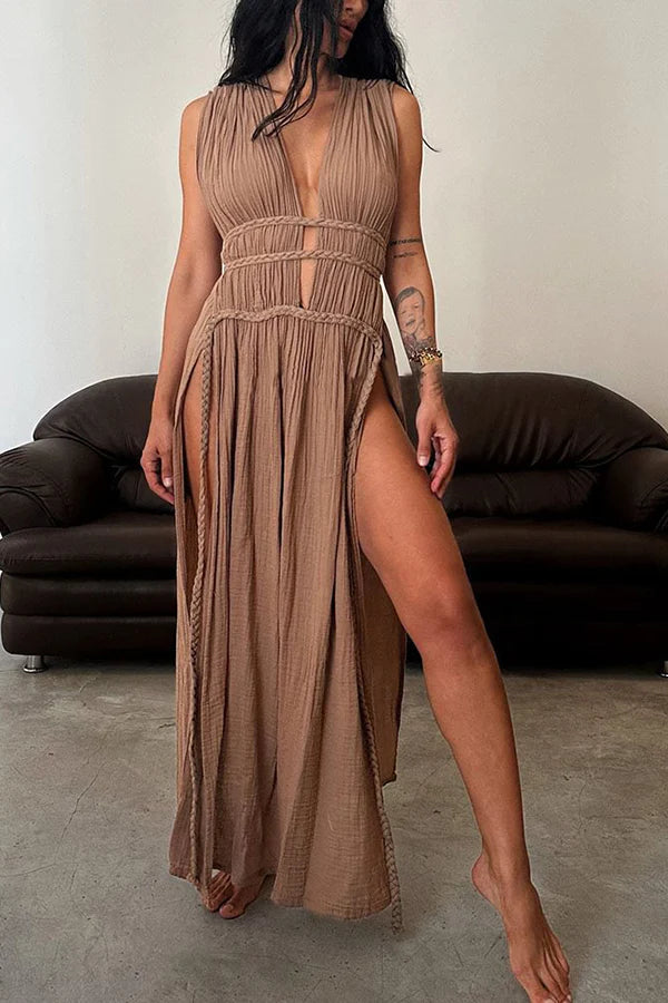 Boho with Elegance Linen Blend Braids Belt Cutout Slit Kaftan Maxi Dress Brown