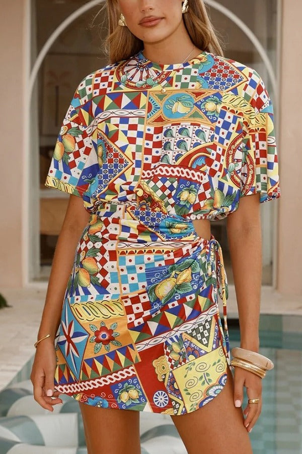 Unique Geometric Print Short Sleeve Off-Waist Tie Mini Dress Multicolor