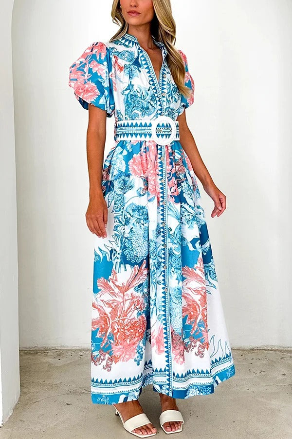 Unique Print Puff Sleeve Button Belt Casual Maxi Dress