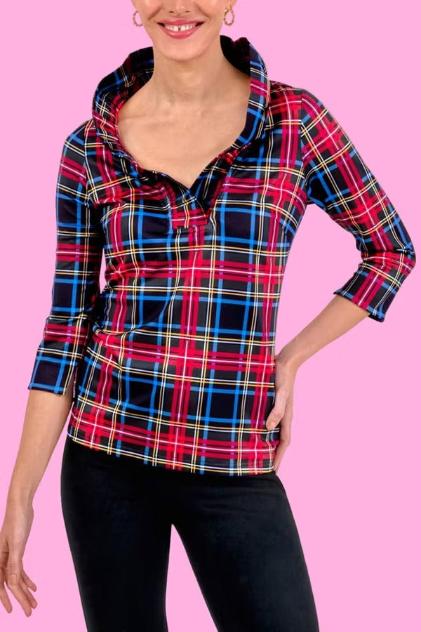 Duke of York Holiday Plaid Ruffle Stand Neck Half Sleeve Blouse