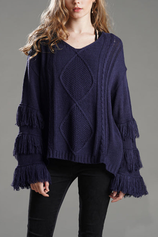 LOOK WHAT YOU MADE ME DO TASSEL KNIT SWEATER Navy blue