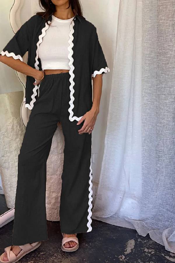 Casual Solid Color Shirt and Pants Suit Black