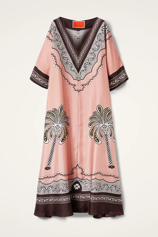 Satin Unique Print Casual V-neck Loose Holiday Maxi Dress