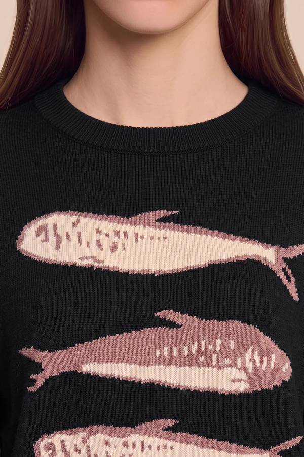 Womens Black Fish Graphic Knit Sweaters