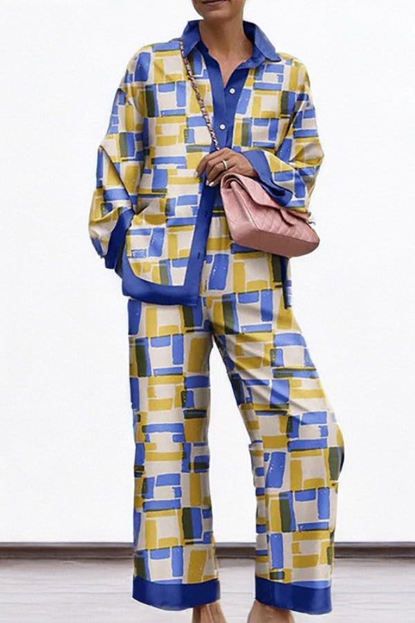 Loose Printed Long Sleeve Wide Leg Pants Fashion Suit Yellow