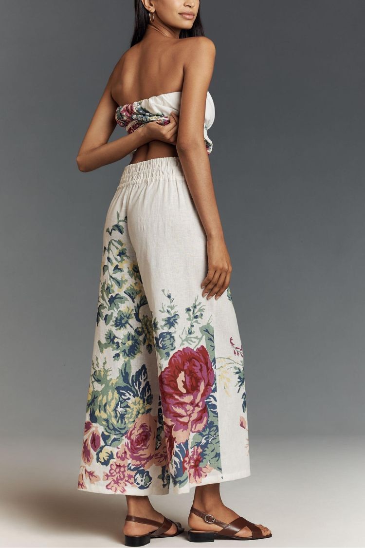 In To The Summer Linen Blend Floral Print Elastic Bandeau and Elastic Waist Pocket Loose Pants Set