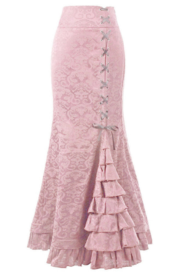 Fashionable and sexy fishtail belted jacquard long skirt Pink