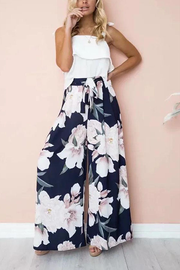 High waist loose printed casual wide-leg trousers Navy blue