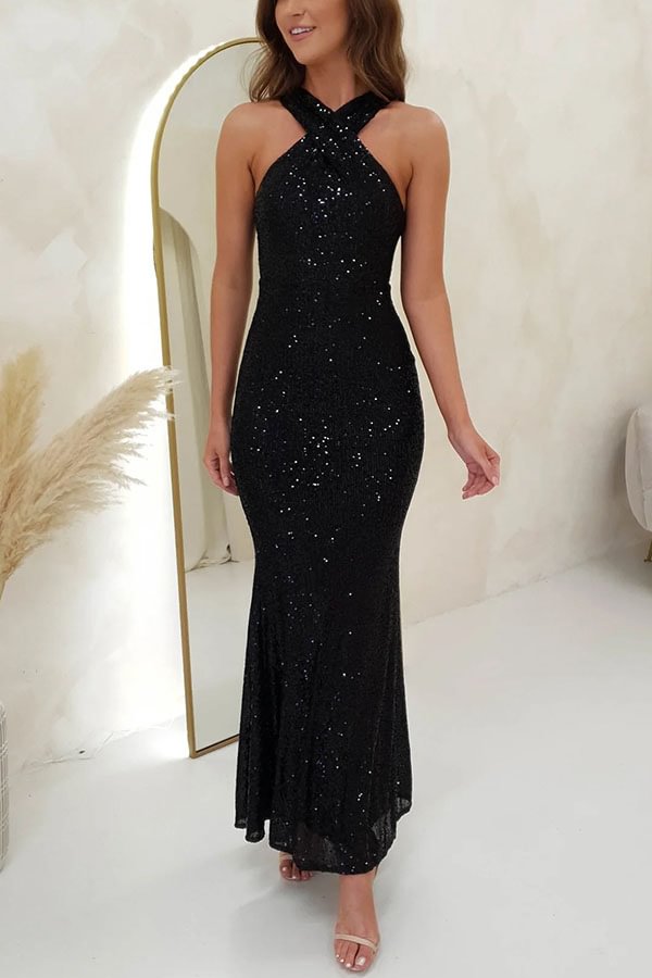Time To Sparkle Sequin Cross Halter Neck Backless Maxi Dress Black