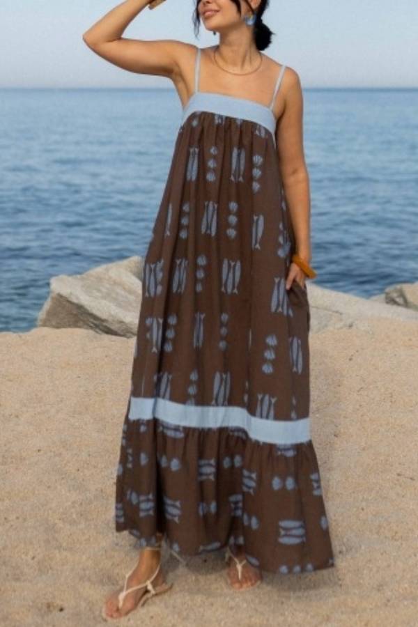 Contrast Waistband Fish Shell Print Cami Tiered Maxi Dress Loose Beach Vacation Sundress