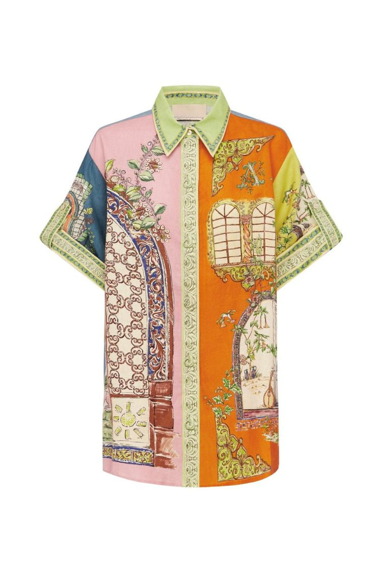 Unique Print Loose Short Sleeve Shirt and Elastic Waist Drawstring Pocket Shorts Set