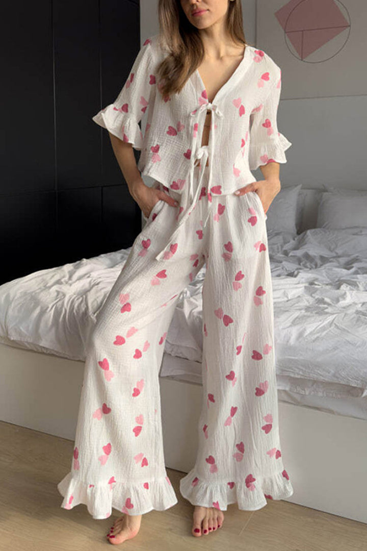 Printed Ruffle Tie-up Shirt Cotton Suits Heart Print