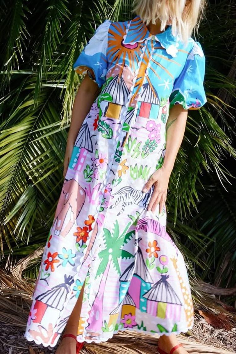 Daliah Unique Printed Wave Lace Puff Sleeves Loose Pocket Maxi Dress