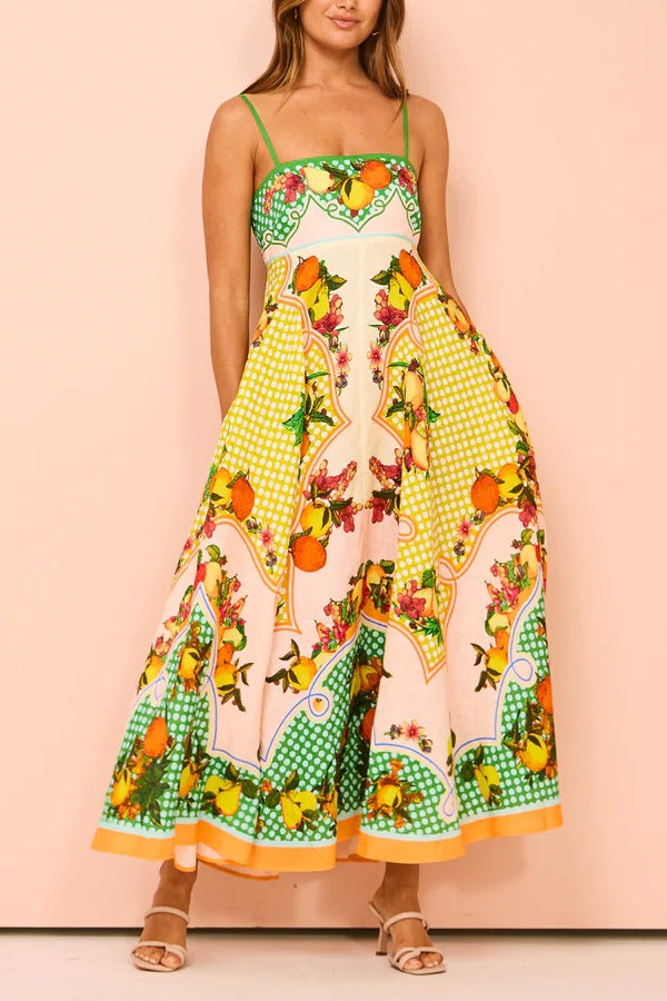 Fashion Printed Backless Suspender Sexy Swing Loose Dress Yellow