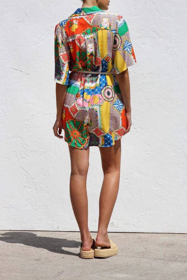 Sicilian Patchwork Print Tie-Waist Shirt Dress