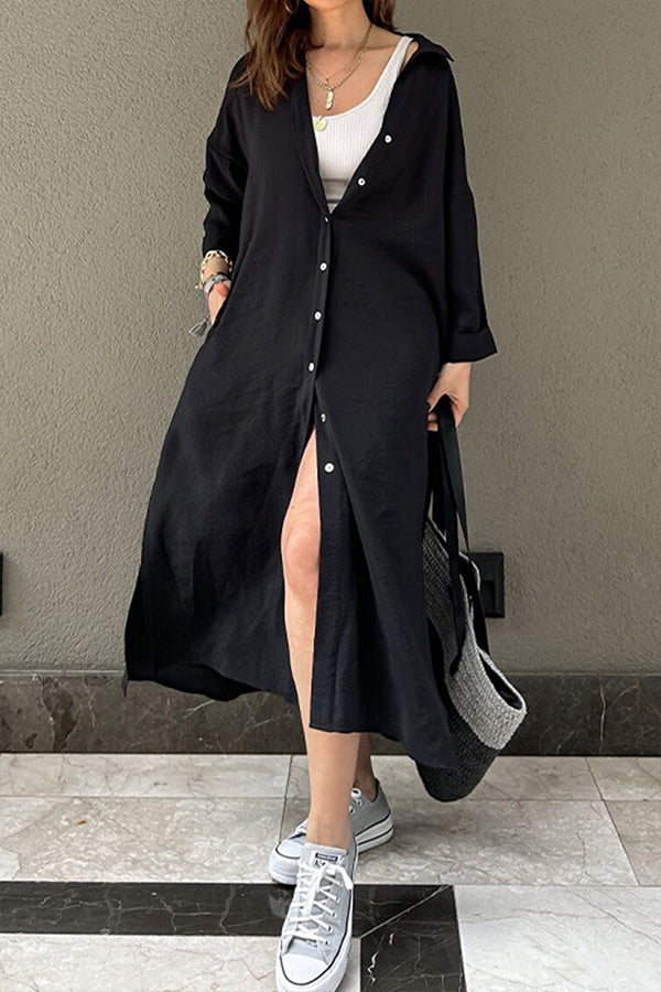 Casual Solid Buckle POLO collar Shirt Dress Dresses Black