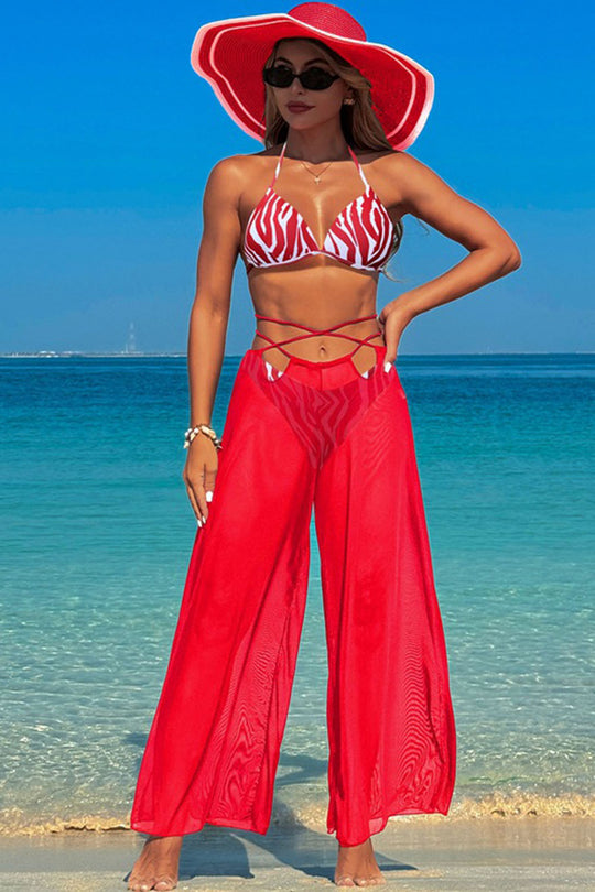 Multicolor printed suspender swimsuit three-piece swimsuit Red swimsuit + red polka dot trousers three-piece suit