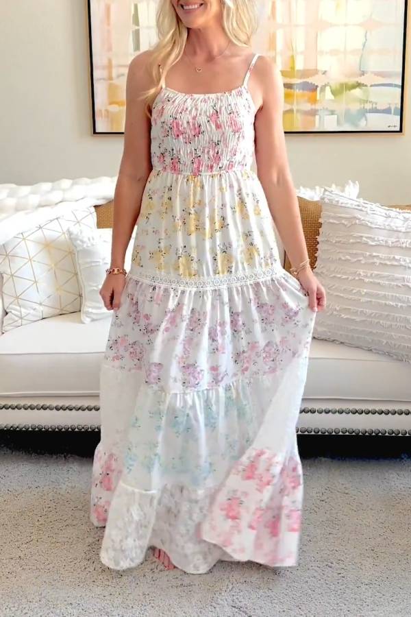 Delicate Floral Lace Panel Cami Shirred Maxi Dress for Seaside Vacations & Romantic Getaways