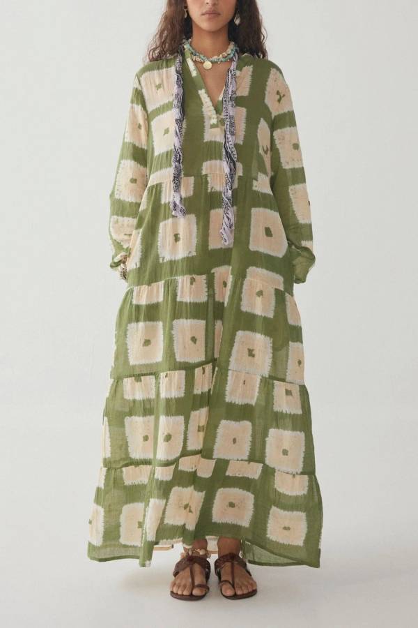 Bohemian Patchwork Print V‑Neck Long Sleeve Maxi Dress