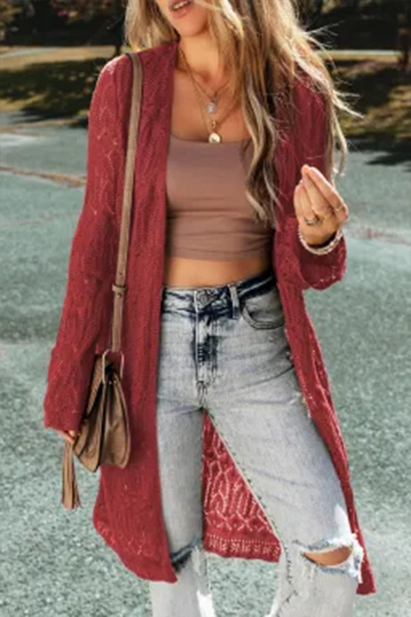 Knit Hollow out Open Front Long Cardigan RACING RED