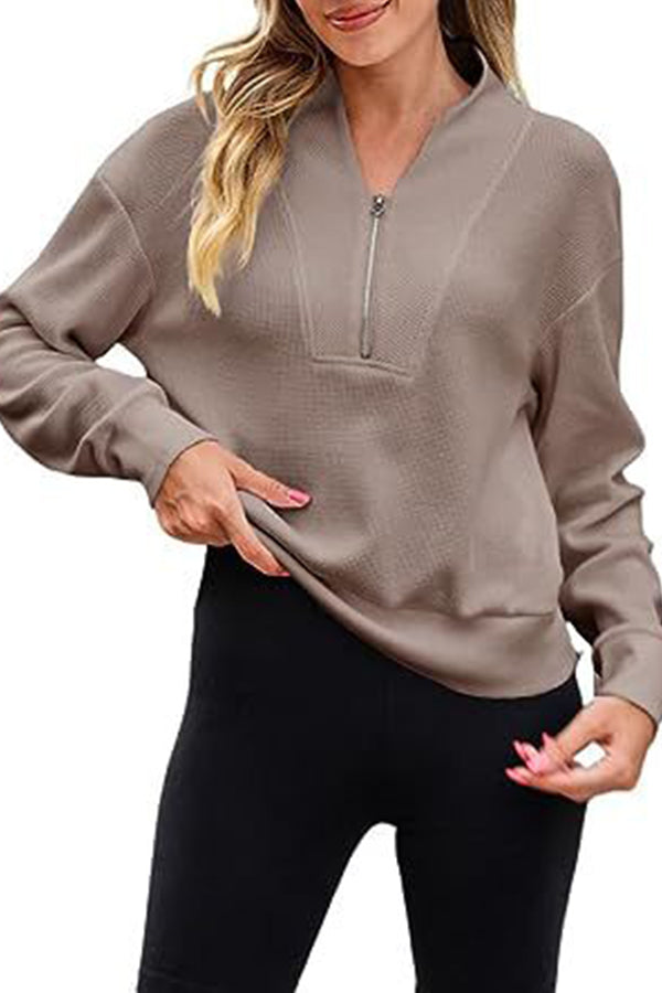 Waffle zipper V-neck pullover long-sleeved sweater camel
