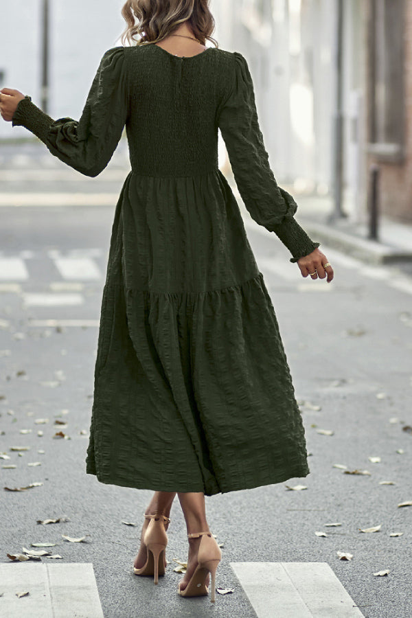 Solid Lantern Sleeve Ruffle Hem Shirred Dress