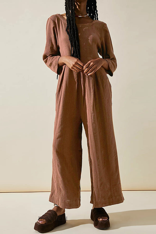 Multicolor loose round neck casual wide leg jumpsuit coffee