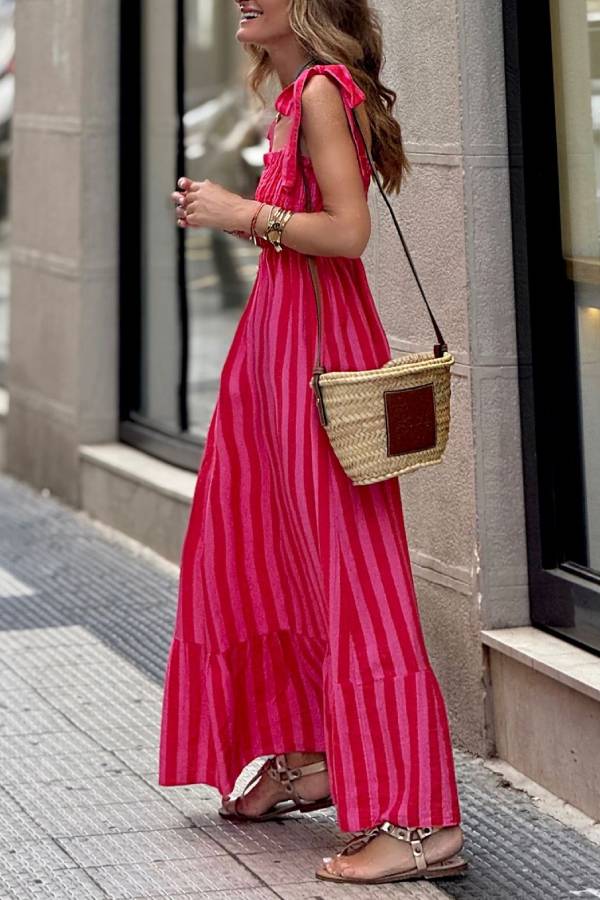 Tie Strap Smocked Waist Color Block Vertical Stripe Ruffle Maxi Vacation Dress