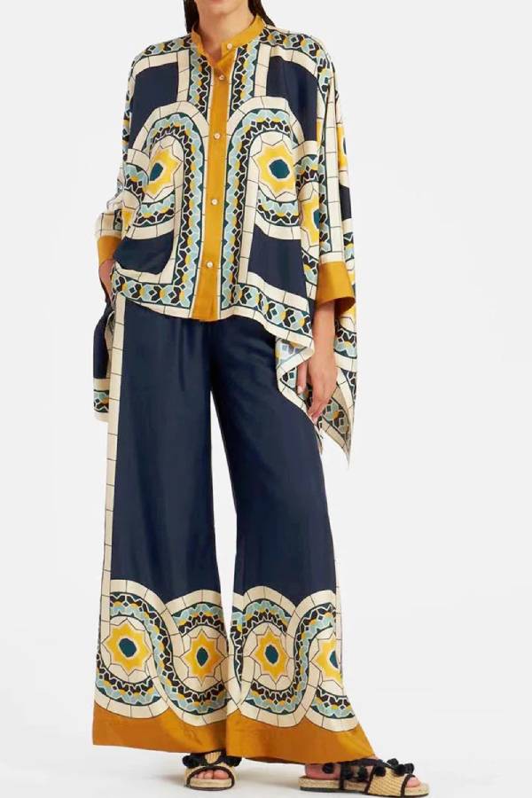 Fine Satin Floral Print Batwing Sleeve Pants Set - Yellow-blue Yellow-blue One Size