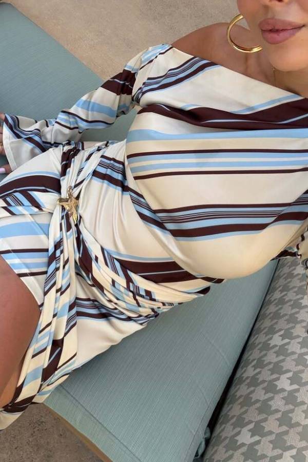 Off‑Shoulder Striped Long Sleeve Tie Sash Bodycon Mini Dress