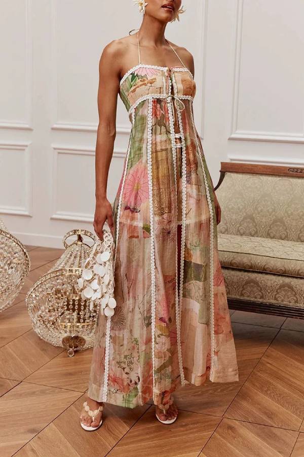 Vintage Floral Strapless Split Maxi Skirt & Shorts Two Piece Set