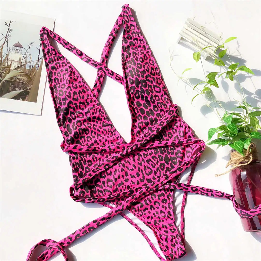 Snake Print Wrap One Piece Swimsuit Hot Pink Leopard