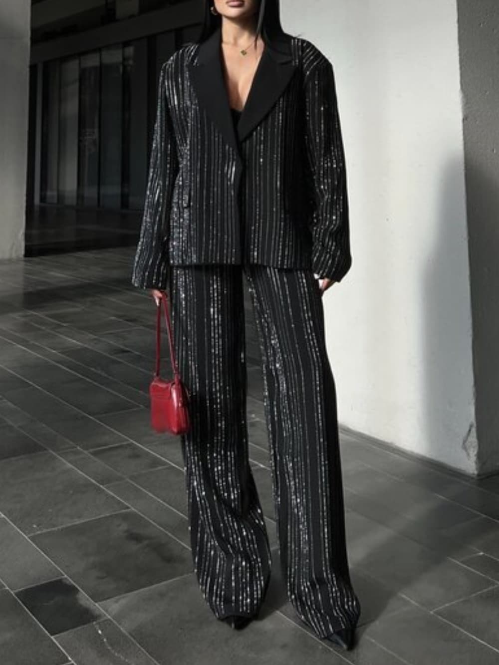 Ensemble de costume élégant et décontracté à rayures et paillettes