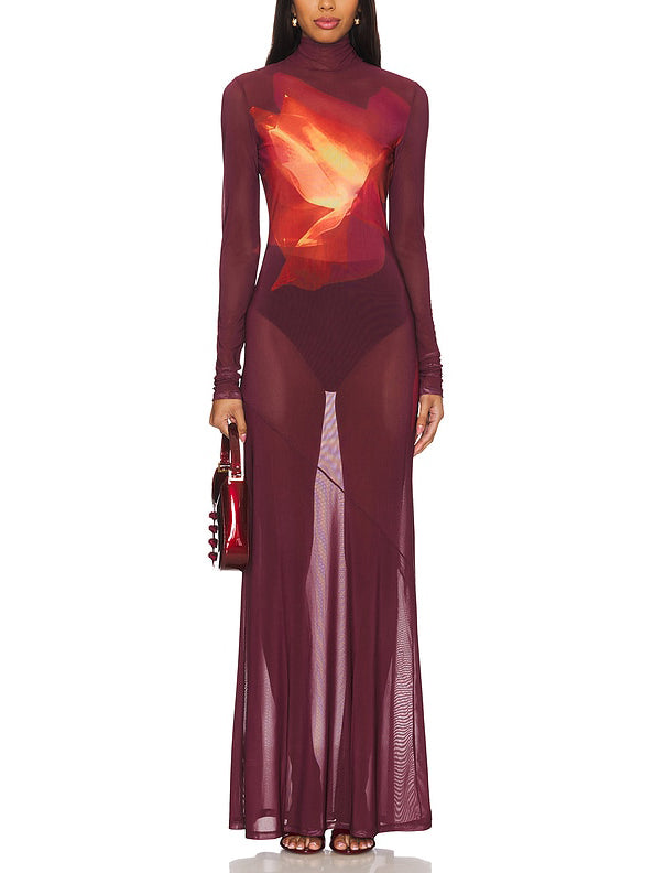 Einzigartiges transparentes Maxikleid aus Netzstoff mit abstraktem Blumendruck