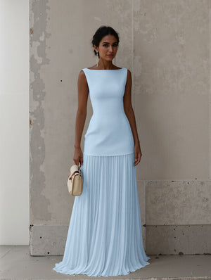 Elegant Pleated Classic Boat Neck Pleated Maxi Dress
