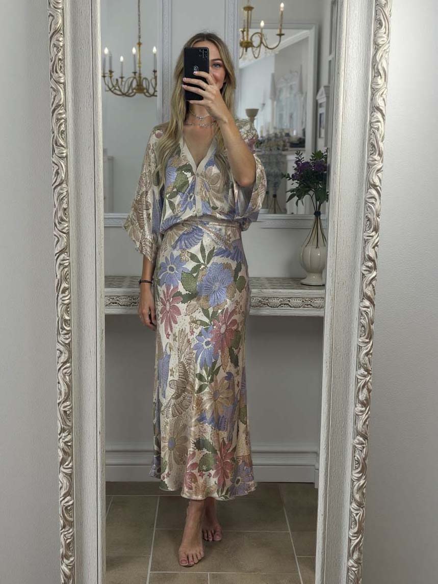 Jupe queue de poisson exquise en satin à imprimé floral