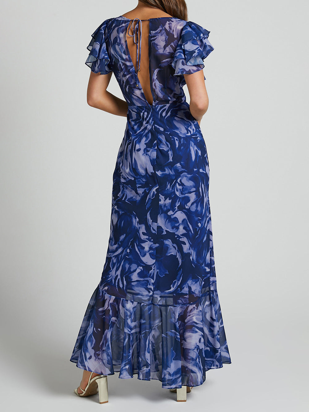 Robe longue à col en V et manches flottantes, motif tourbillon bleu marine