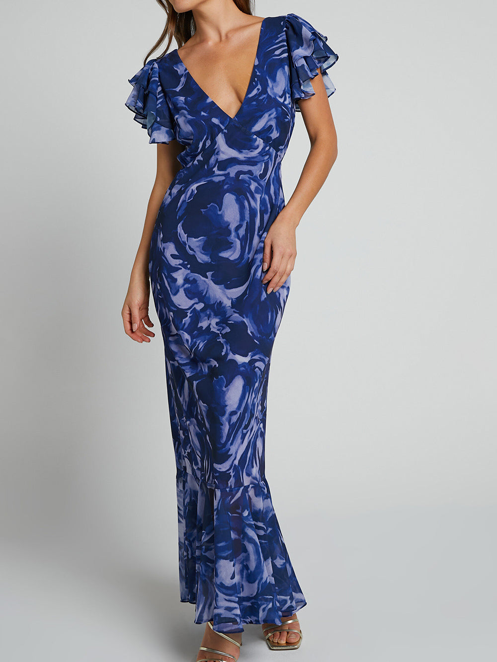 Robe longue à col en V et manches flottantes, motif tourbillon bleu marine