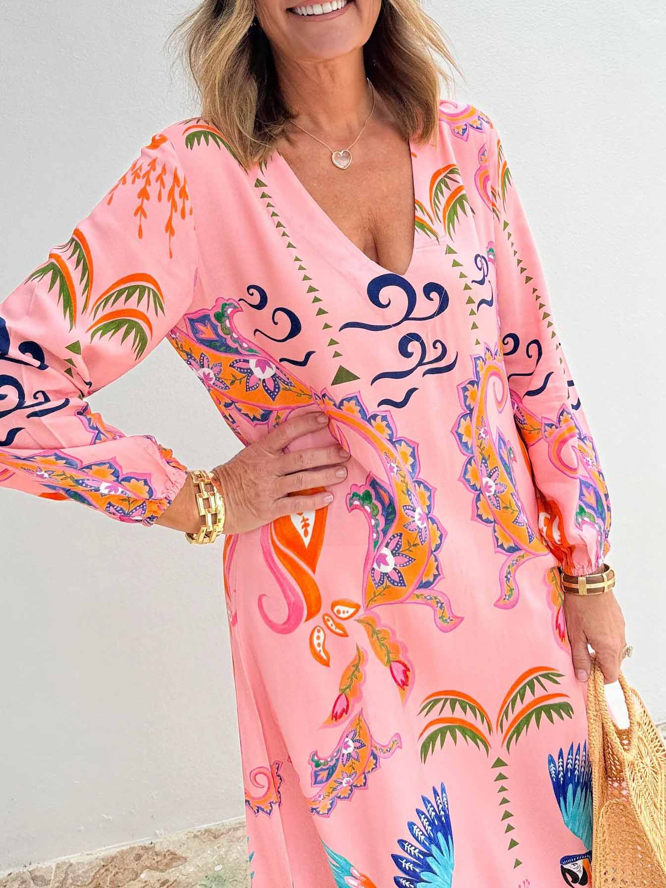 Robe longue unique à manches tombantes et imprimé perroquet