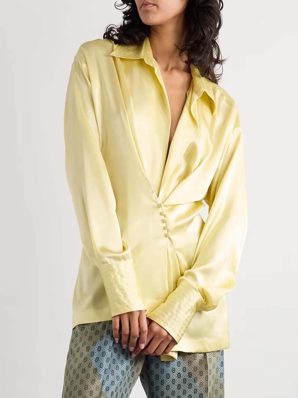 Delicate Wrap-Effect Stretch Satin Button-Detail Shirt