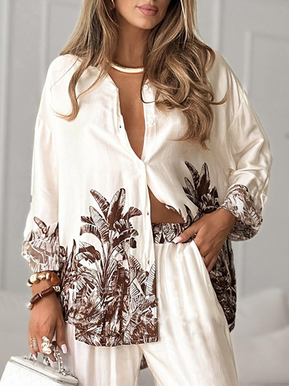Casual Stand-Collar Floral Print Loose Blouse