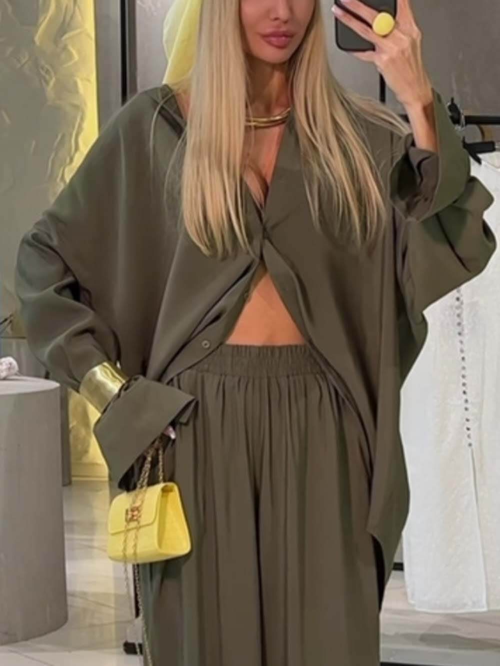 Classic High-Rise Pleated Pocket Wide-Leg Pants