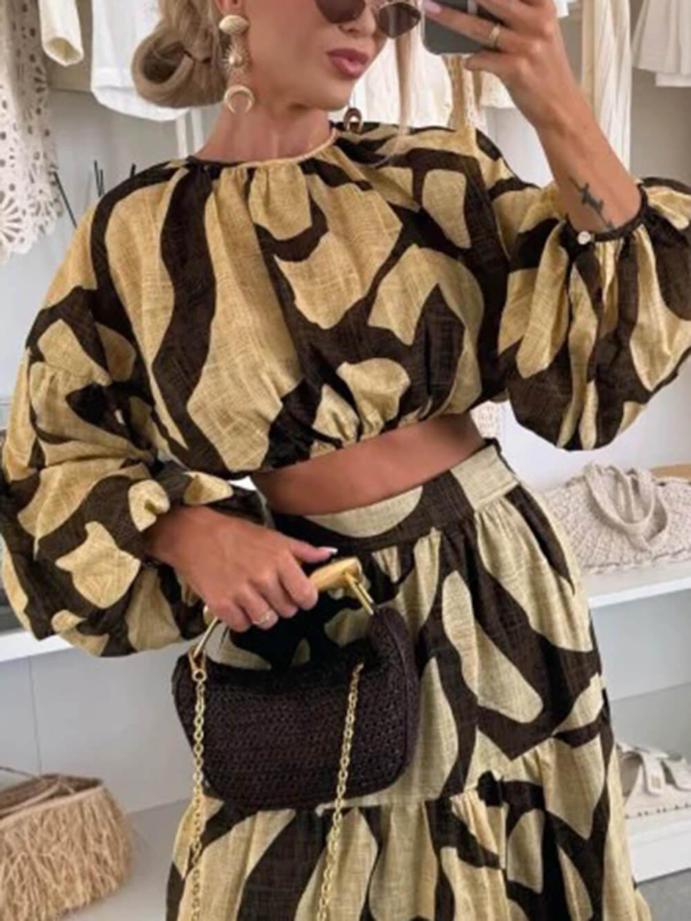 Effortless Artistry – Bedruckter Maxirock aus Leinen mit hoher Taille