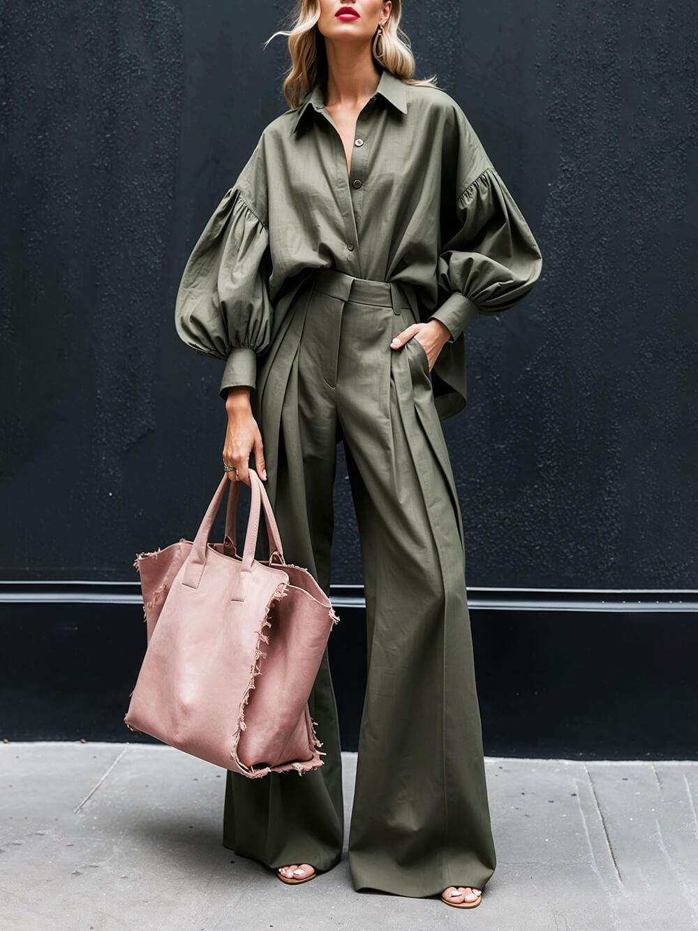 Pantalon large taille haute à poches plissées, couleur unie, décontracté et tendance