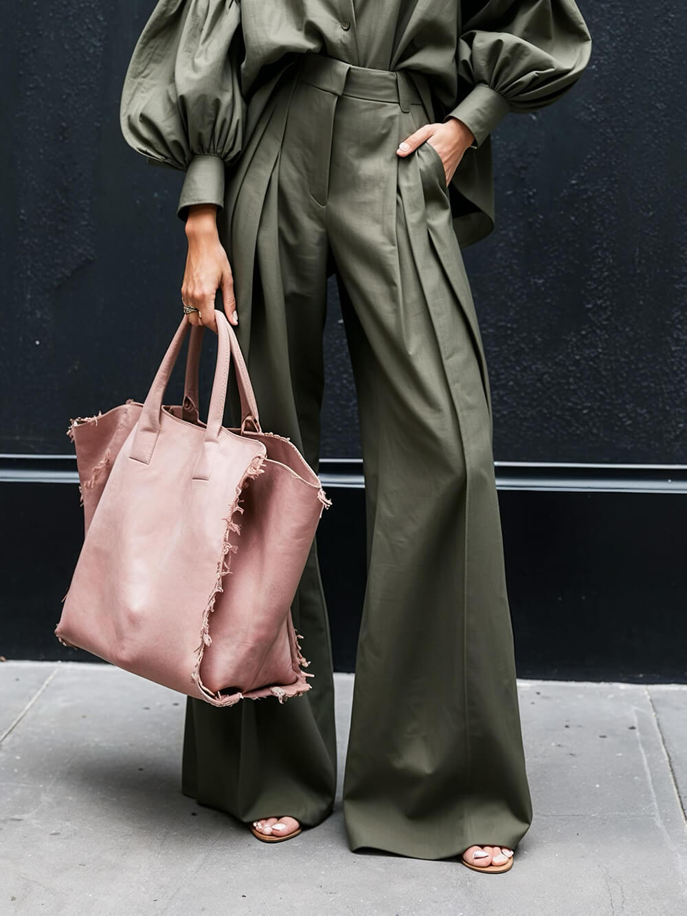 Pantalon large taille haute à poches plissées, couleur unie, décontracté et tendance