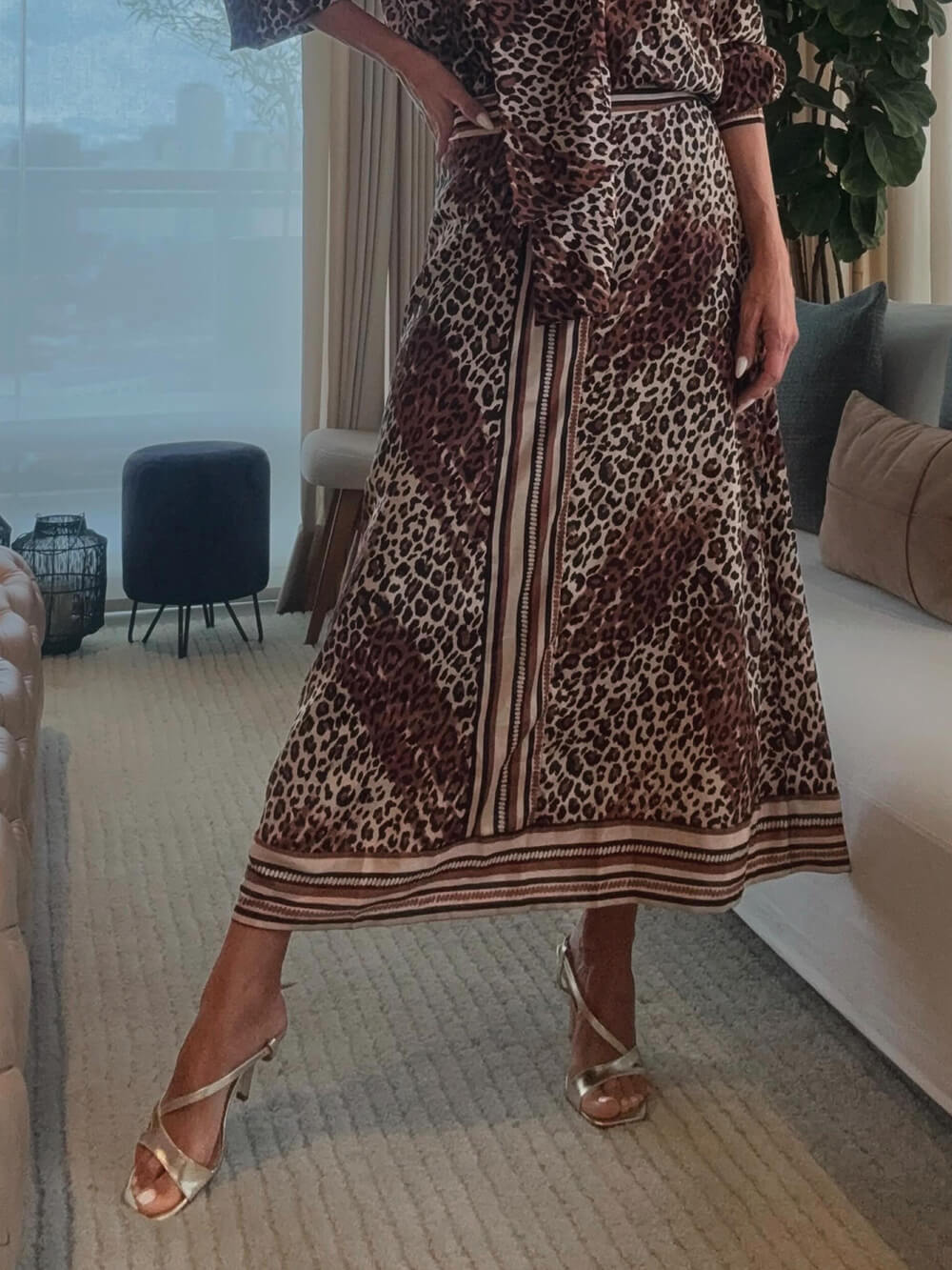 Retro-Klassiker mit Leopardenmuster und Patchwork-Muster, elastischer Taillen-Midirock