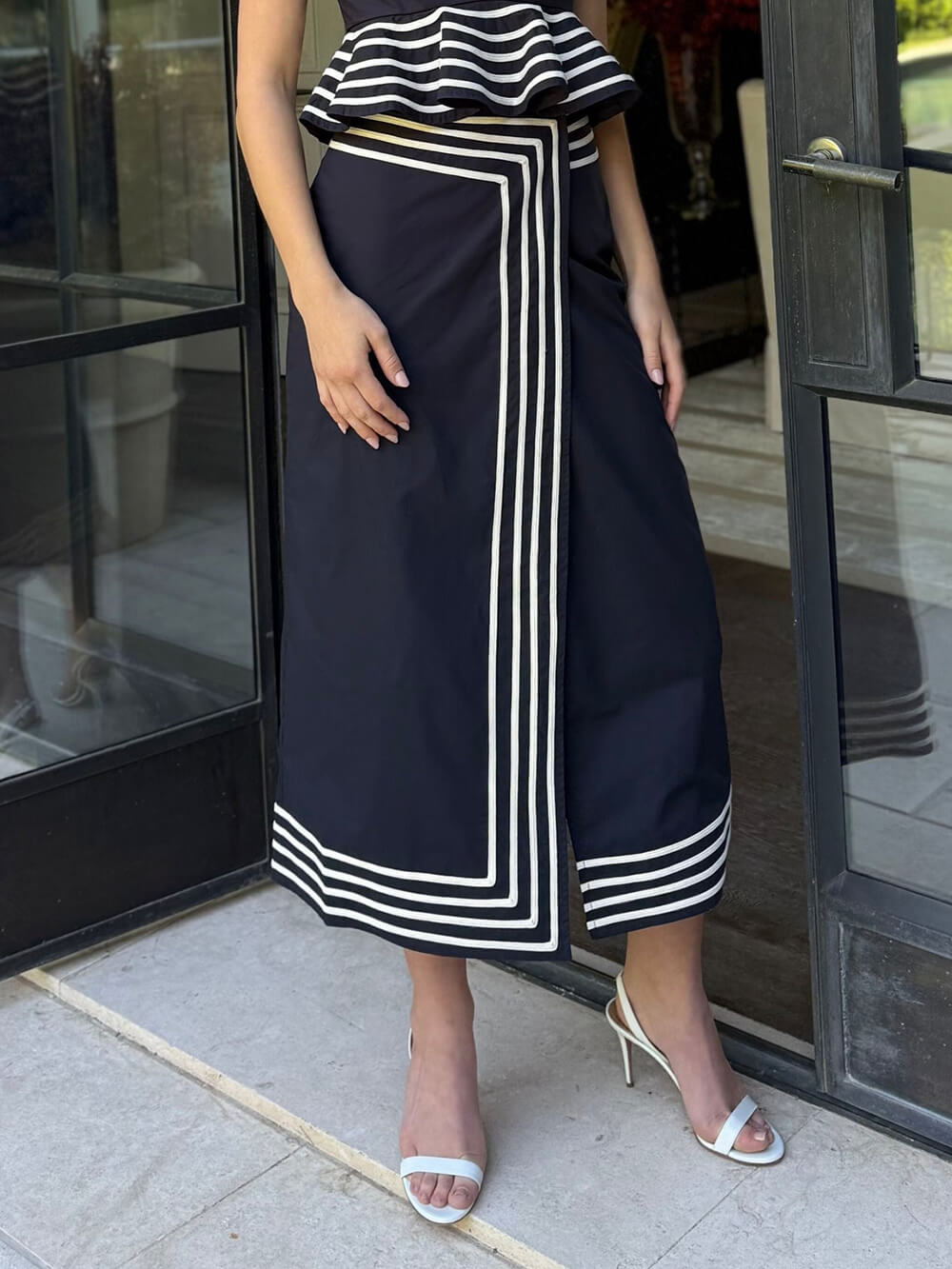 Exquisite Striped Patchwork Wrap Midi Pencil Skirt