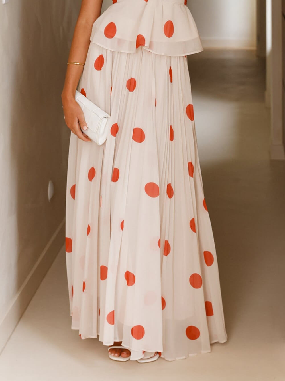 Delicate Red Polka Dot Print Ruched High-Waist Skirt