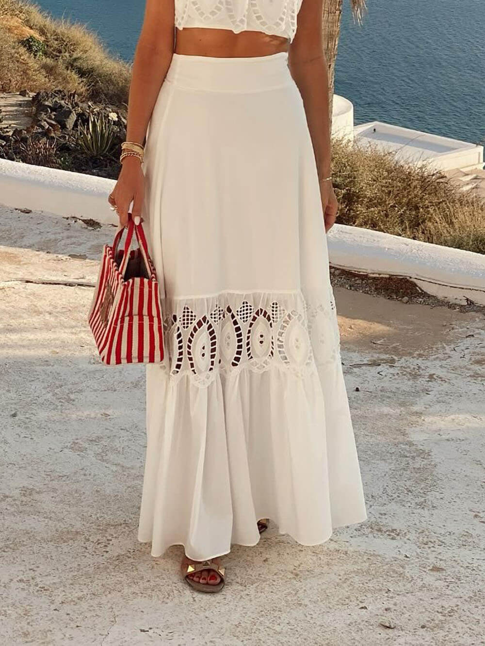 Elegant Lace-Panel High-Waist Maxi Skirt